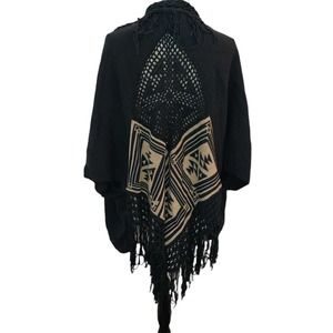 House of Harlow 1960 black fringe crochet knit sweater poncho cardigan OS